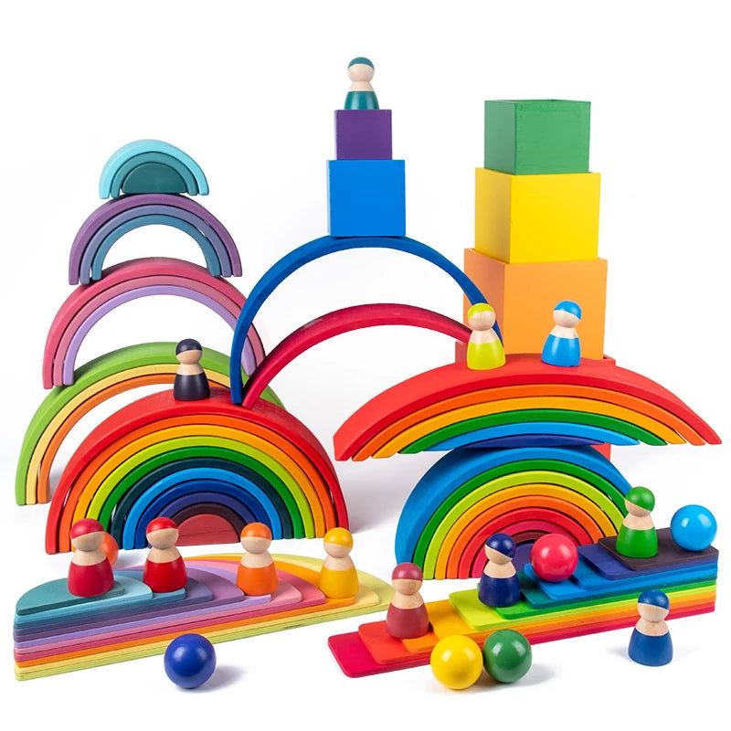 Baby Monterssori Educational Toy Wooden Rainbow Block Stacking Building Blocks Baby Open Thinking Toy Gifts for Childern